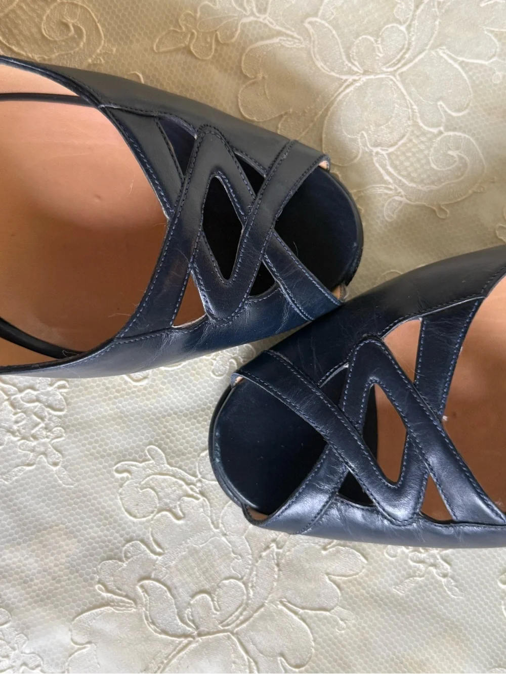 Bruno Magli Navy Blue Leather Slingback Peep-Toe Heels